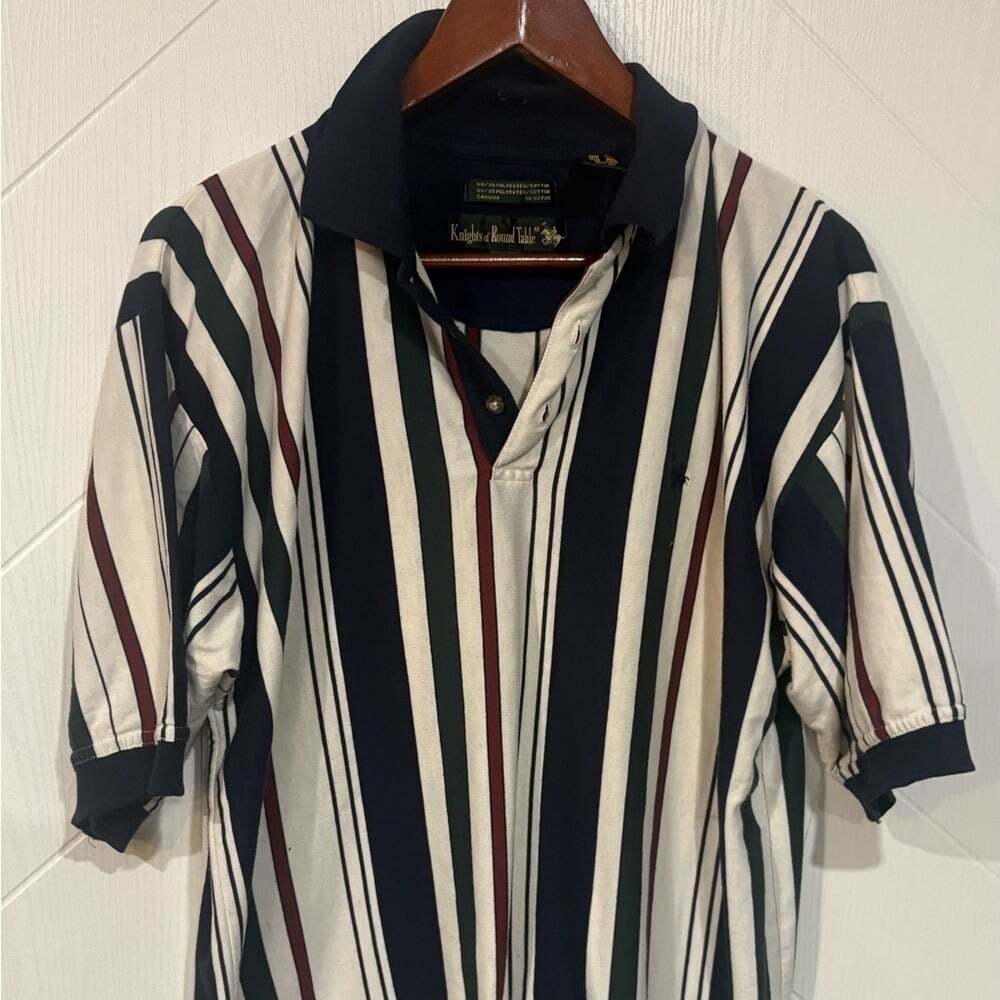 90s Vintage Men's Striped Shirt - Navy, White, Red Polo M - Picture 2 of 5
